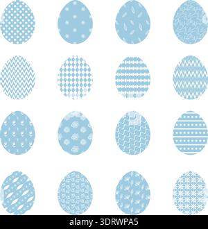 Set of blue Easter eggs with white decoration Stock Vector