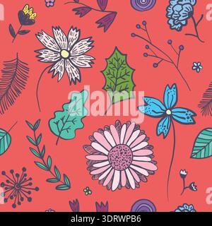 Bright red floral pattern with colorful flowers Stock Vector