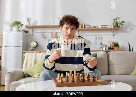 Young man plays chess at his home, focused on the game, holding a cup of coffee with care. Stock Photo