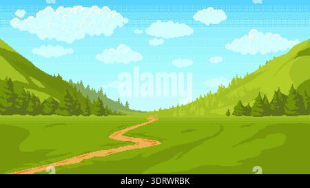 Pixel art green valley landscape with meadow, hills, forest, clouds and winding path in bright daylight scene. Suitable for games, digital design, bac Stock Vector