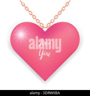 Golden necklace with pink heart and love you text Stock Vector