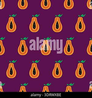 Papaya Seamless Pattern Design. Tropical Fruit Vector Background with Fresh Papayas, Seeds, and Leaves Stock Vector