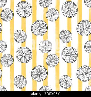 Hand drawn illustration of seamless pattern with black outline lemon slices on white and yellow striped background. Fresh citrus texture in watercolor Stock Photo