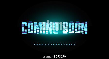 Coming Soon Baner Font Logo Alphabet Futuristic Letter Set Modern Glow Typography, Digital Typographic Design Glitch Title Text, Red Headline Open Stock Vector