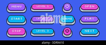 Colored pixel art play, next, open, on off switch and stop buttons. Pixelated video game symbols, text box frames, interface menu icons in 8bit retro style. Vector arcade ui elements for mobile app Stock Vector