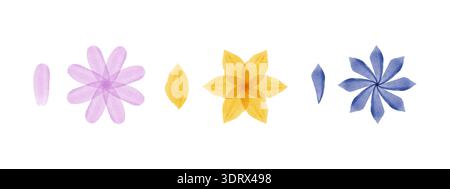 Three groups of watercolor flowers and their single petals are arranged horizontally on a white surface. Stock Vector