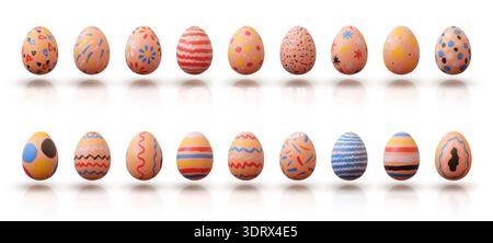 A row of pastel hand-painted Easter eggs with diverse patterns, isolated on a white background with soft shadows. Minimal, clean composition perfect f Stock Photo