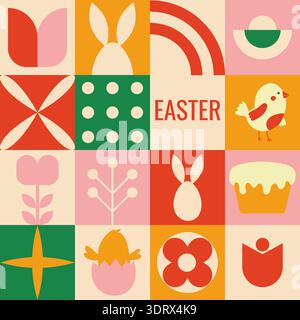 Geometric seamless pattern with bunny, spring flowers, bird, cake. Stock Vector