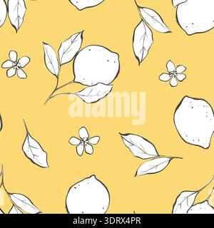 Hand drawn illustration of seamless pattern with simple white lemons, citrus blossoms and leaves with black outlines on yellow background. Minimalist Stock Photo