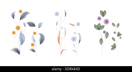 Three sets of watercolor botanical illustrations feature elegant stems with various leaves and small flowers. Colors include soft blues, greens, oranges, and purples on a pure white background. Stock Vector