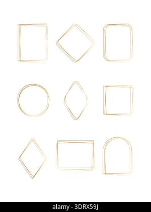 A collection of nine distinct golden watercolor frames is arranged on a clean white background. Each frame features a delicate, hand-drawn appearance with varied geometric and rounded shapes. Stock Vector