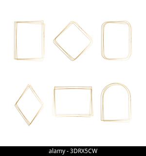 Six delicate golden watercolor style frames showcase various geometric forms. Each frame features a unique shape, including rectangles, rhombuses, and an arch, all set against a clean white backdrop. Stock Vector