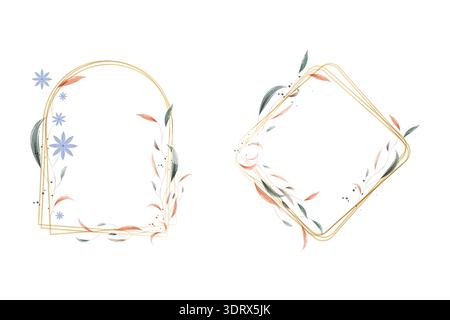 Two elegant watercolor frames decorate a plain background. An arched gold frame features blue flowers. Stock Vector