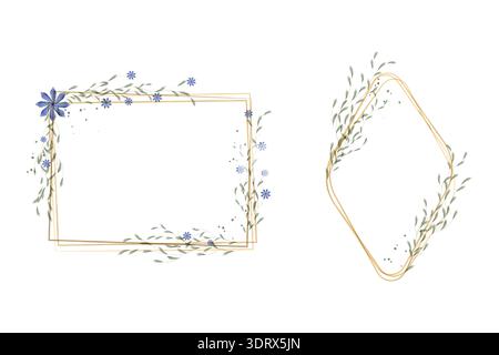 Two beautiful watercolor frames are displayed. A rectangular gold frame features blue flowers and green leaves. A diamond gold frame showcases delicate green foliage. Stock Vector