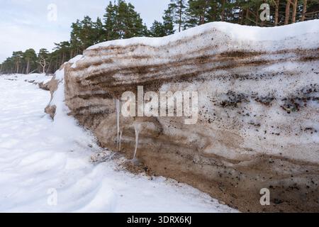 Sand Mixed in Snow and Ice on Winter Seashore Cliff Stock Photo
