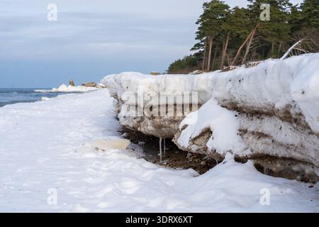 Sand Mixed in Snow and Ice on Winter Seashore Cliff Stock Photo