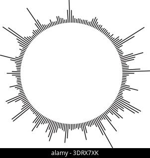 Vector circular sound wave pattern. Radial audio waveform illustration. Round equalizer with peaks. Stock Vector