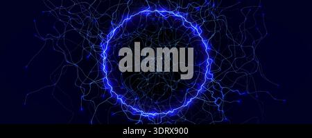 Energy Light Ring Neon Circle Net Web. Magic Portal Hole, Thunder Light Round Lightnin, Lightning Ball. Blue Purple Hole Light, Static Current Effect Stock Vector