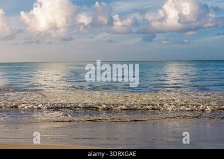 Calm ocean shoreline with gentle waves rolling onto sandy beach under soft clouds and blue sky; Stock Photo