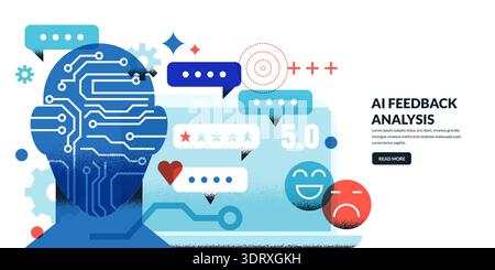 AI customer feedback analysis. Vector abstract illustration. Human head with circuit chip, reviews and rating on screen. Modern business technology, d Stock Vector