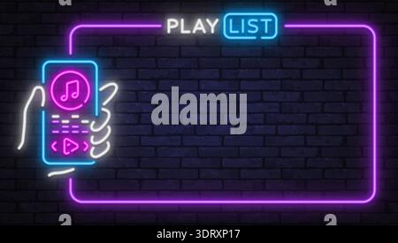 Neon vector illustration featuring the text Play List with music player elements. Great for streaming apps, audio platforms, and creative UI design. Stock Vector