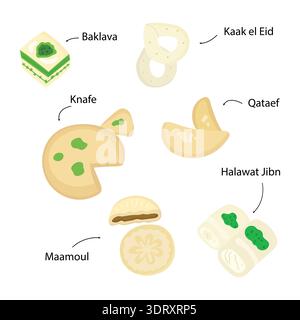Oriental sweets illustration set. Arab sweets for stickers and designs Stock Vector