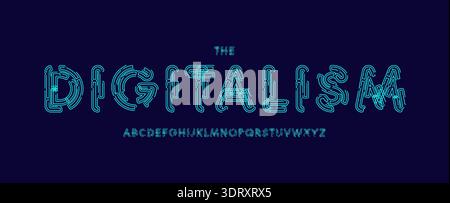 Cyber circuit logo font, techno digital alphabet. Neon sci-fi typeface for tech headline, futuristic HUD, electronic interface, hacker display Stock Vector