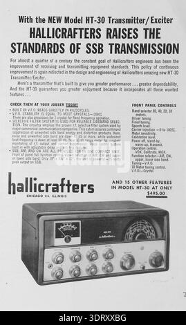 This mid-century monochrome advertisement from Hallicrafters of Chicago, Illinois, introduces the Model HT-30 Transmitter/Exciter. The ad emphasizes "higher standards of SSB transmission" and lists high-performance features like a built-in V.F.O. and a selective filter system for sideband selection. Below the technical specifications and front panel control details is a clear view of the unit’s elegant cabinet and dial interface, representing the advanced amateur radio engineering of the mid-1950s designed for reliability and user enjoyment. Stock Photo