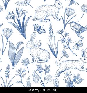 Seamless pattern with easter bunny and spring flowers. Elegant vintage print with hand-drawn illustrations in engraving style. Stock Vector