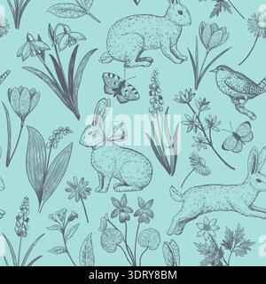 Seamless pattern with easter bunny and spring flowers. Elegant vintage print with hand-drawn illustrations in engraving style. Stock Vector