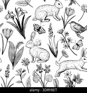 Seamless pattern with easter bunny and spring flowers. Elegant vintage print with hand-drawn illustrations in engraving style. Stock Vector