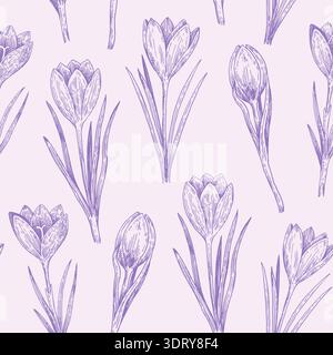 Seamless pattern with crocus flowers in sketchy realistic style. Hand-drawn illustration. Stock Vector