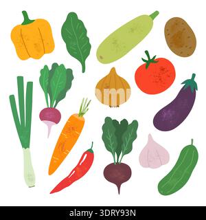 Set of various vegetables in colorful trendy style. Hand-drawn vector illustration. Stock Vector