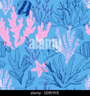 Elegant seamless pattern with corals, seaweeds and underwater creatures, seashells and fishes. Hand-drawn vector illustration. Stock Vector