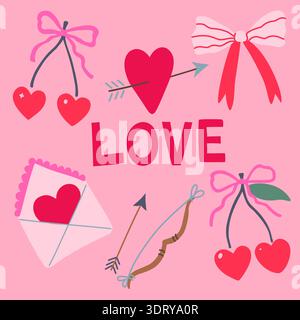 Cute pink Valentine doodle elements, hearts, bows, coquette cherries. Valentine card. Hand-drawn vector illustration. Stock Vector