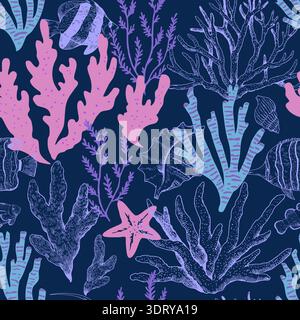 Elegant seamless pattern with corals, seaweeds and underwater creatures, seashells and fishes. Hand-drawn vector illustration. Stock Vector