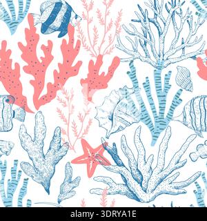 Elegant seamless pattern with corals, seaweeds and underwater creatures, seashells and fishes. Hand-drawn vector illustration. Stock Vector