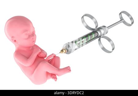 Human embryo with DNA syringe gene editing. Genetic engineering, IVF and gene therapy, concept. 3D rendering isolated on white background Stock Photo
