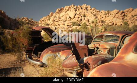 Several abandoned rusty vintage cars from the 1920s stand in the desert at Keys Ranch in Joshua Tree, California, on a sunny day. Stock Photo