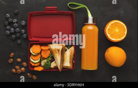 Healthy Lunch Options Presented in a Collage With Fruits, Vegetables, and Drinks for Children Stock Photo