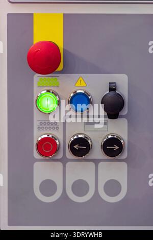 Power Switch Buttons Emergency Stop Machine Control Panel Stock Photo