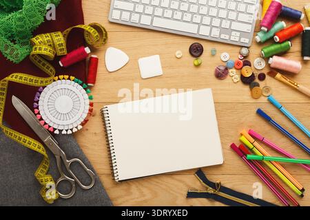 Creative Workspace With Tools and Materials for Crafting and Sewing Activities Stock Photo