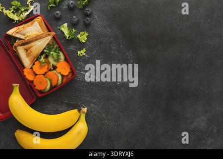 Collection of Healthy Lunch Items in a Red Lunchbox With Fruits on a Dark Background Stock Photo