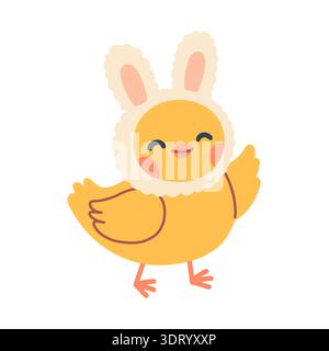Cute Easter chick in bunny costume vector illustration. Adorable yellow baby bird character in flat cartoon style, isolated on white, perfect for Stock Vector