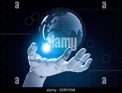 Robot hand holding virtual globe with sphere of binary code on dark background. Artificial intelligence in global development Stock Photo