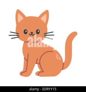 Cute flat vector illustration of an orange kawaii cat sitting and smiling. Adorable cartoon pet isolated on white background, perfect for kids designs Stock Vector
