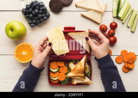 Creative Collage of a Lunch Box Filled With Sandwiches, Fruits, Vegetables, and Snacks Stock Photo