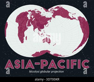 Asia-Pacific world map using Nicolosi globular projection centered on the Asia-Pacific region. Stock Vector