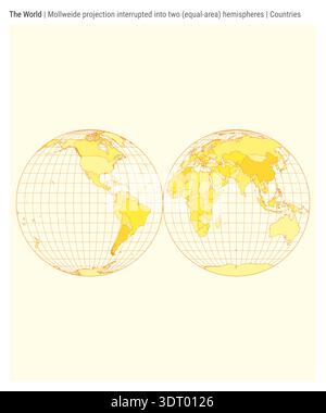 World Map. Mollweide projection interrupted into two (equal-area) hemispheres. Countries style. Stock Vector