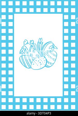 Easter card with checkered frame and painted eggs and flowers. Vector graphics illustration. Whimsical hand drawn poster for holiday greeting Festive Stock Vector